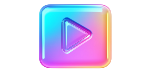 3d realistic video play button, fit in the middle of a square, with a colorful holographic gradient color, in a clipart style, isolated on a white background