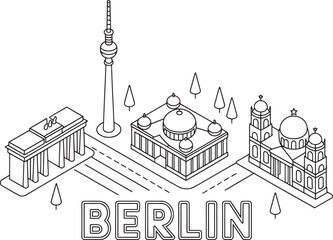 Berlin Landmarks Isometric Outline Illustration Featuring Brandenburg Gate and TV Tower © lok0077
