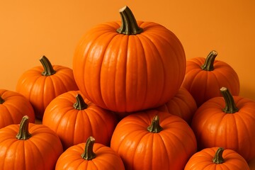 Abundant harvest of vibrant orange pumpkins against a warm autumn background