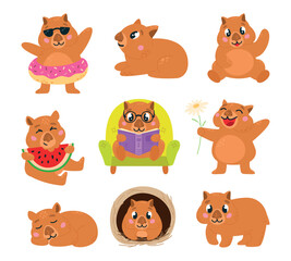 Fototapeta premium Cartoon cute wombat. Funny wombats different poses. Isolated wild animal reading eat watermelon sleeping swimming. Children mascots, classy vector set