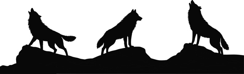 Silhouette vector illustration of wolves howling on mountain rocks, wild animal clipart design for nature, wildlife, forest, moonlight, and wilderness themes