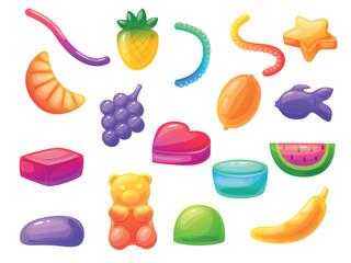 Cartoon jelly candies. Sweet gummies, fruit juice gummy different shapes. Candy pineapple worms heart fish bear banana, nowaday vector set