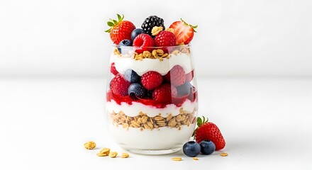 Delicious Healthy Berry Yogurt Parfait With Granola Layers In A Tall Glass On A White Background For A Wholesome Breakfast