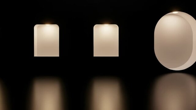 Square niches and a spherical one are lit in a dark setting