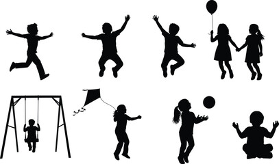 Happy children pure black silhouette illustration playing outdoors, jumping, flying kites, holding balloons, swinging, and enjoying fun childhood activities on white background vector design