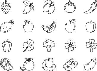 Fruits and vegetables line icon set, black and white vector collection, healthy food outline illustrations for coloring book, kids learning materials