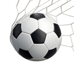Naklejka premium Classic black and white soccer ball caught in a white net against a dark background isolated on transparent background