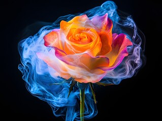 Vibrant rose encased in swirling smoke against black