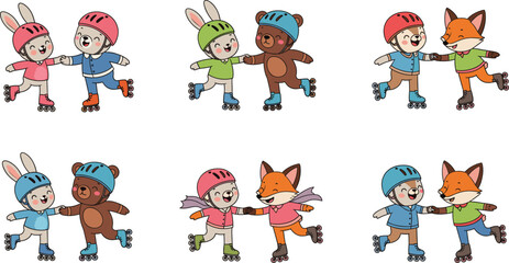 Roller Skating Cartoon Animals – Fun Vector Set Featuring Bunny, Bear, Fox Characters Promoting Friendship, Activity, and Safety for Kids Design