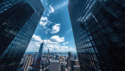 A captivating low angle perspective of modern city skyscrapers reaching towards a partly cloudy sky, symbolizing urban progress and architectural innovation