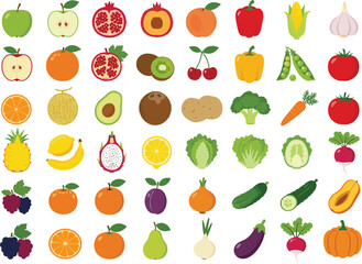 Fresh fruit and vegetable colorful vector set, healthy organic food icons collection, flat style clipart for diet, farming, nutrition design