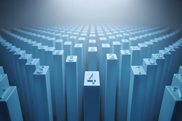 Abstract perspective view of a vast futuristic digital cityscape or data center with glowing blue columns and a prominent number four in the foreground symbolizing technology and progress