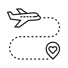 Airplane path with heart map pin line icon. Travel and love journey. Dotted path toward a location pin with a heart. romantic trips, destination weddings, tourism, and adventure. Vector illustration. 