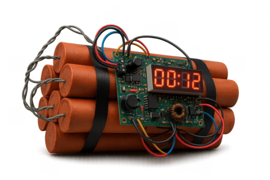 Time Bomb with Digital Timer Counting Down on Transparent Background