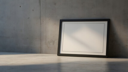 Empty photo frame leaning against a concrete wall with natural light casting shadows