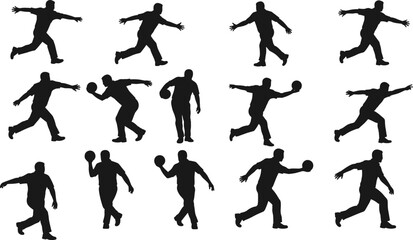 Silhouette vector set of men playing bowling, throwing ball, and striking poses, perfect for sports, activity icons, or motion illustration design