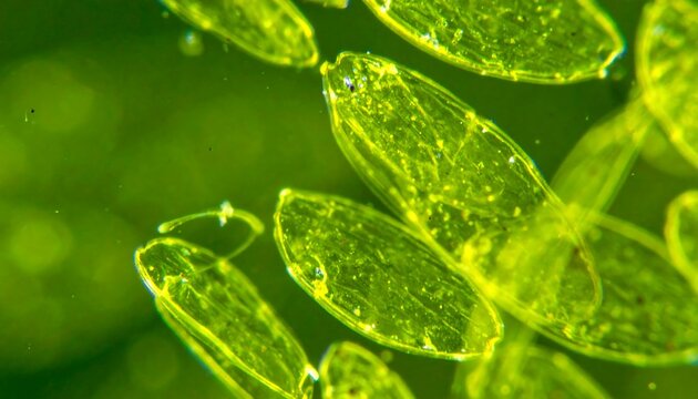 An overhead close-up view of several transparent green euglena cells