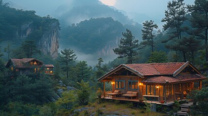 Fototapeta premium Scenic cabin nestled in lush green mountains with misty background