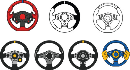 Set of racing steering wheel icons, car game controller vector, colorful and outline steering designs, driving equipment illustrations for motorsport content