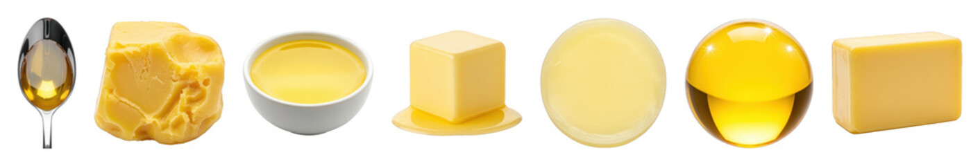 Butter and cooking oil set including solid blocks, melted forms, in a spoon, bowl, and liquid drops isolated. Essential kitchen ingredients collection.
