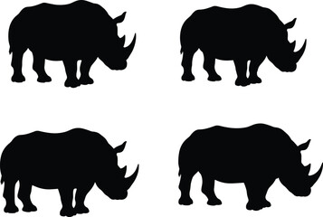 Rhino silhouette vector illustration, wild animal shape design, strong rhinoceros black cutout, African wildlife graphic, nature conservation symbol, isolated rhino art