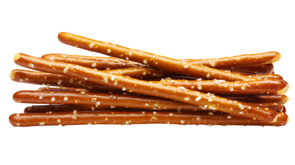 Crunchy salted pretzel sticks arranged in a neat row on white background. 