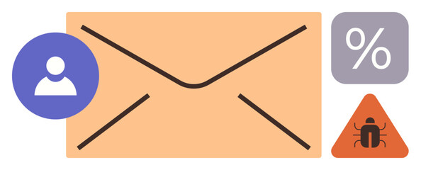 Envelope, user icon, percentage, and warning sign highlight email risk, scams, or malware. Ideal for cyber protection, phishing fraud risk management spam data security concepts. Flat metaphor
