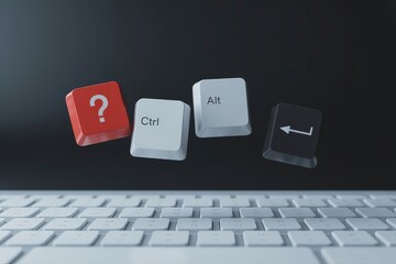 Conceptual computer keys Ctrl Alt Question Mark and Enter floating above keyboard on dark background