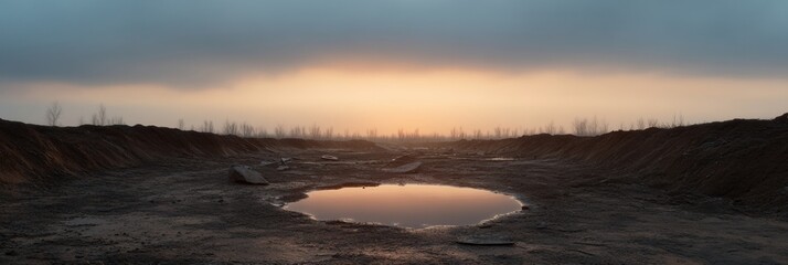 Tranquil sunrise over misty landscape with puddle reflection