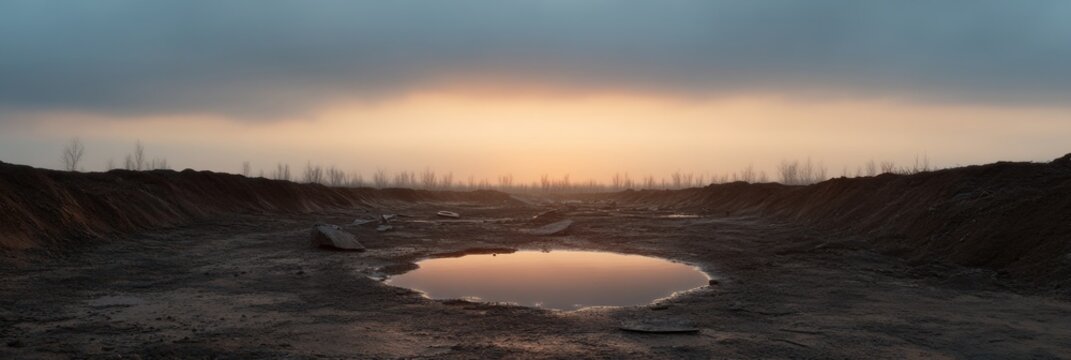 Tranquil sunrise over misty landscape with puddle reflection
