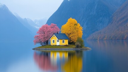 A cozy cottage on a peaceful island surrounded by mountains. A tiny house on an island with beautiful fall colors