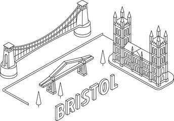 Obraz premium Bristol Cityscape Outline Isometric Vector Illustration with Clifton Suspension Bridge