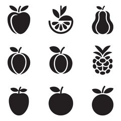 Set black silhouette various fruits. Abstract design logo. Logotype art - raster version. Vector black silhouette. with white background