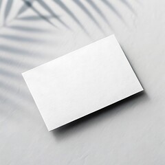 A white rectangular card on a gray surface with a shadow of a plant casting on the background