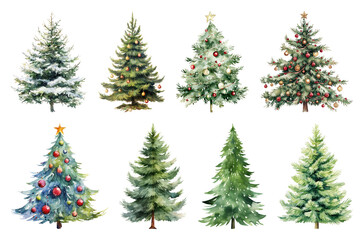 PNG Festive watercolor Christmas trees variety, element set on transparent background