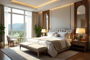Luxurious king-size bedroom, featuring plush bedding, elegant decor, and large windows offering ample natural light Perfect for hotel, real estate, or interior design websites , property, cozy