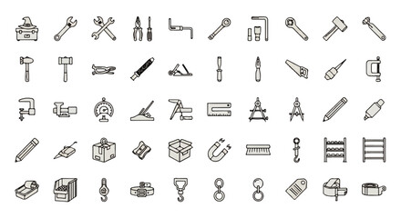 Collection of Hand-Drawn Gray-Scale Tools Icons: Wrenches, Hammers, Pliers, and More