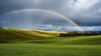 Naklejka premium Vibrant rainbow arching over lush green fields landscape