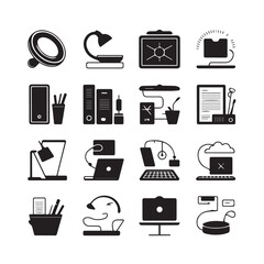 Collection of black and white icons representing office supplies and technology for modern workspace design
