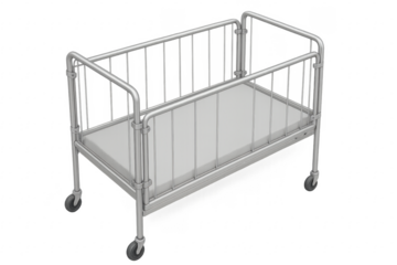 Empty metal hospital bed with barred sides on transparent background