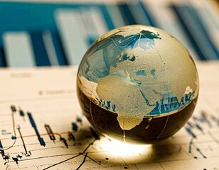 crystal globe reflecting economic trends and geographical insights on a chart