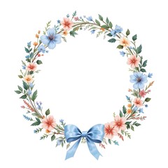 Hand-painted watercolor floral oval wreath with blue-ribbon.





