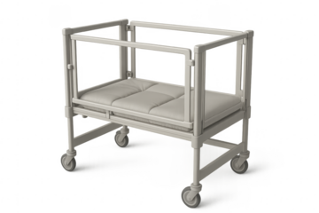 Empty hospital bassinet on wheels standing on transparent background