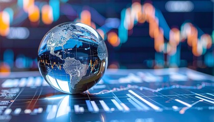 crystal globe reflecting economic trends and geographical insights on a chart