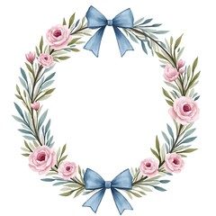 Hand-painted watercolor floral oval wreath with blue-ribbon.





