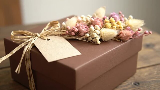 Brown Gift Box with Dried Flowers and Raffia Bow - A brown gift box adorned with a bouquet of dried flowers and a raffia bow sits on a rustic wooden surface.