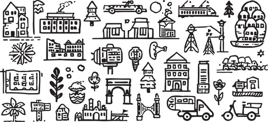World Landmark Doodle Icons Black and White Hand Drawn Sketch Representing Travel and Urban Exploration with a Diverse Collection