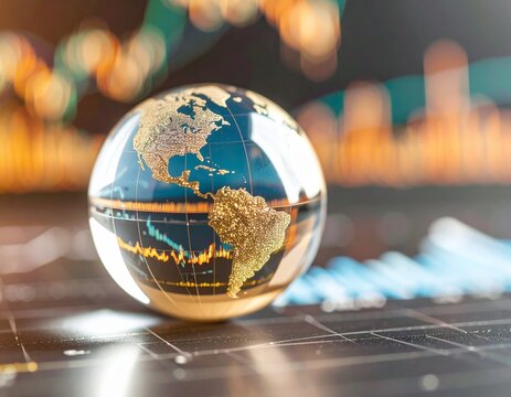 crystal globe reflecting economic trends and geographical insights on a chart