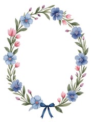 Hand-painted watercolor floral oval wreath with blue-ribbon.





