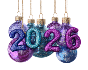 2026 written on purple and blue christmas ornaments, isolated on a transparen